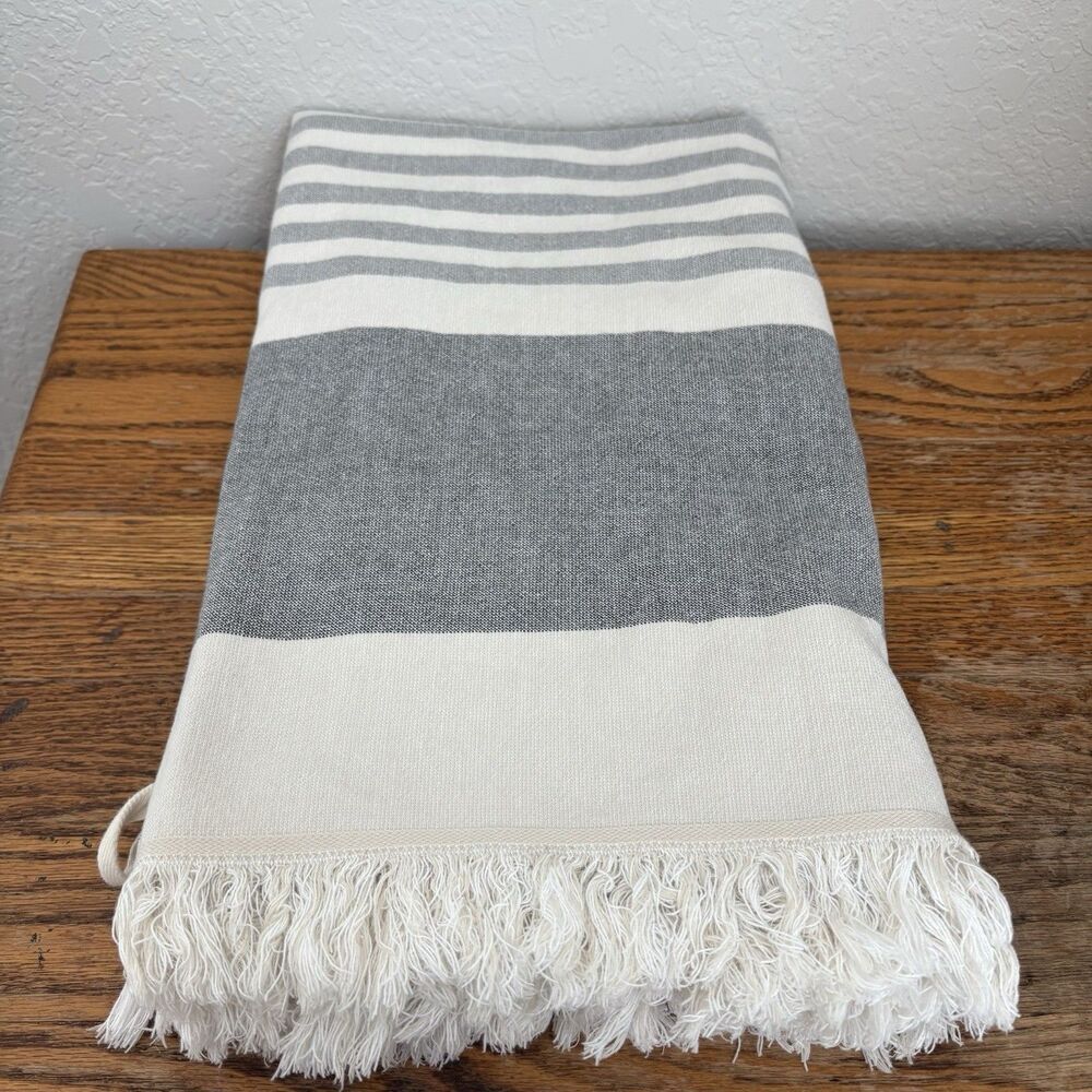 CB2 (2) Karla Cotton Linen Cement Gray Beige Striped Bath Sheet 30x60” Towel